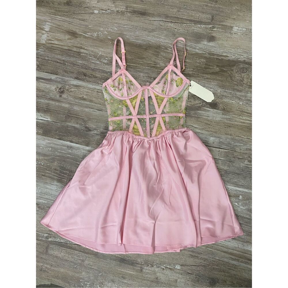 For Love & Lemons Pink Floral Corset Slip Mini Dress Lingerie Sz XXS - Picture 5 of 10
